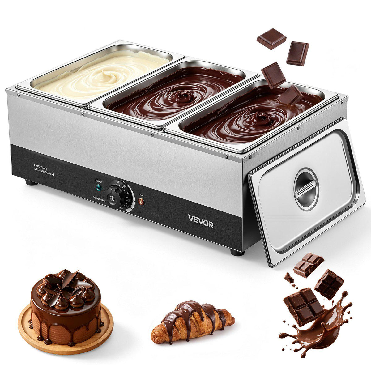 Chocolate Melting Machine, 3 Tanks 27 Lbs Choc Commercial Melter, 1200W High Power, Water Bath Heating System, Stainless Steel Body, 86℉- 185℉ Temp Range, Chocolate Warmer for Cheese Milk
