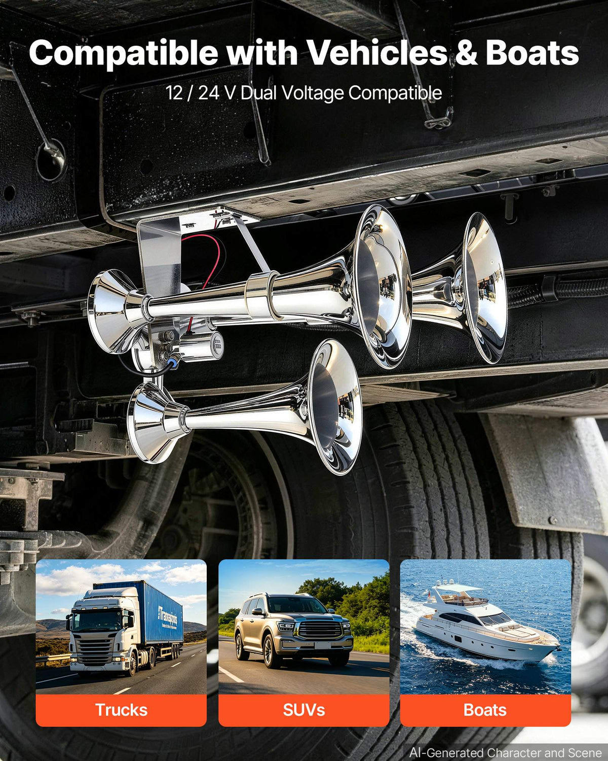 3-Trumpet Air Horn 150dB Super Loud Train Horn for Trucks SUVs, Fits 12V/24V Vehicles & Boats, Powerful Sound, Strong Penetration, Built-in Solenoid Valve, High Airtightness, Heavy-Duty Metal