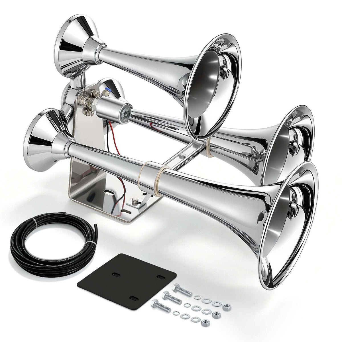 3-Trumpet Air Horn 150dB Super Loud Train Horn for Trucks SUVs, Fits 12V/24V Vehicles & Boats, Powerful Sound, Strong Penetration, Built-in Solenoid Valve, High Airtightness, Heavy-Duty Metal
