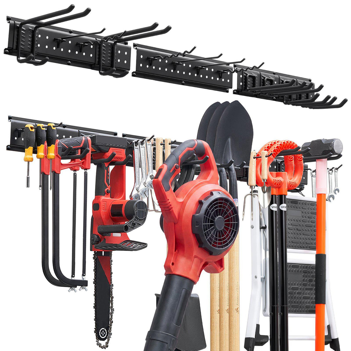 Garage Tool Organizer 49.5 Inch 600 lbs Wall Mount Garden Tool Rack, Heavy Duty Garage Hanging Storage Rack Organization with 3 Rails and 12 Adjustable Hooks, for Yard Tools, Shovel, Rake, Shed