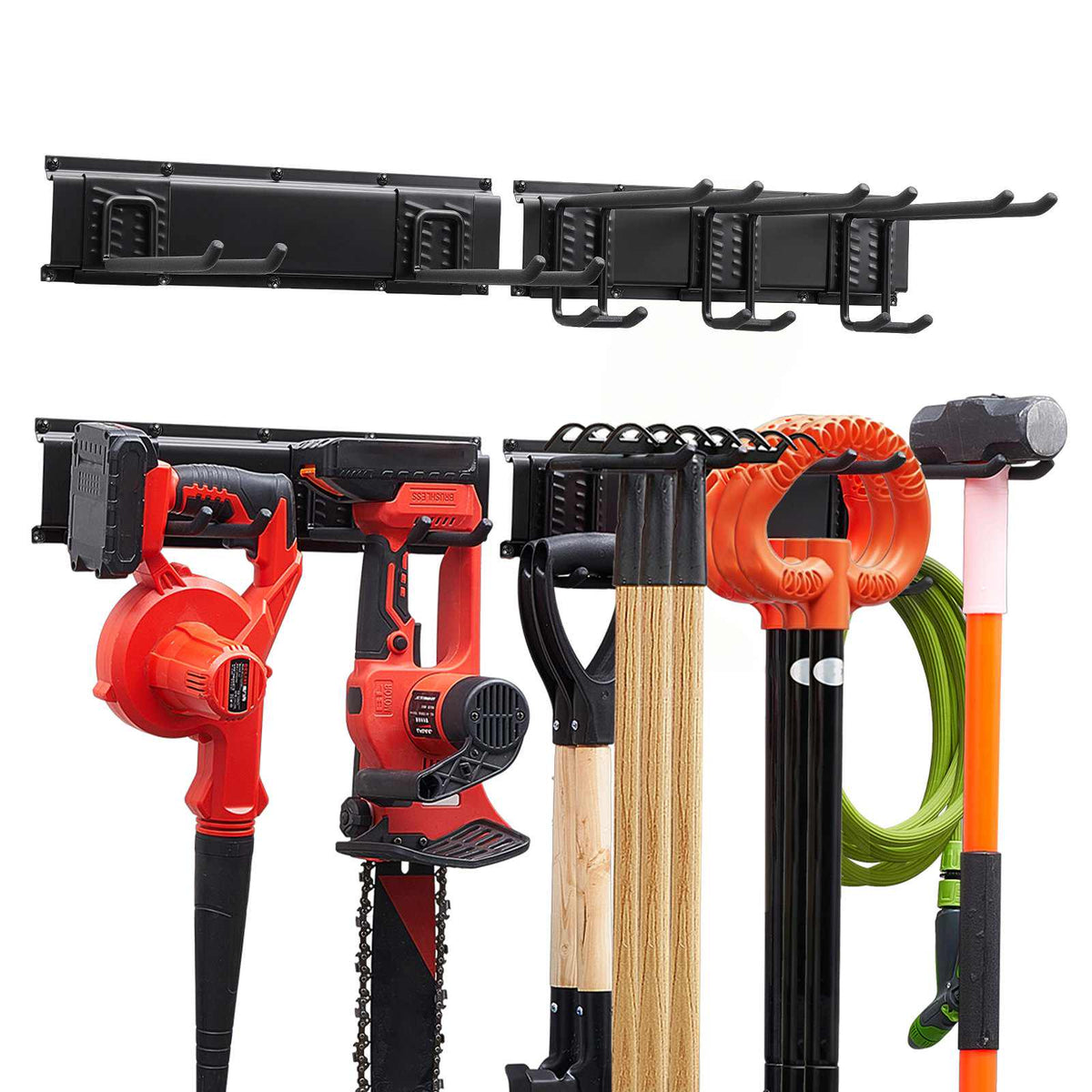 Garage Tool Organizer 33 Inch 400 lbs Wall Mount Garden Tool Rack, Heavy Duty Garage Hanging Storage Rack Organization with 2 Rails and 5 Adjustable Hooks, for Yard Tools, Shovel, Rake, Shed