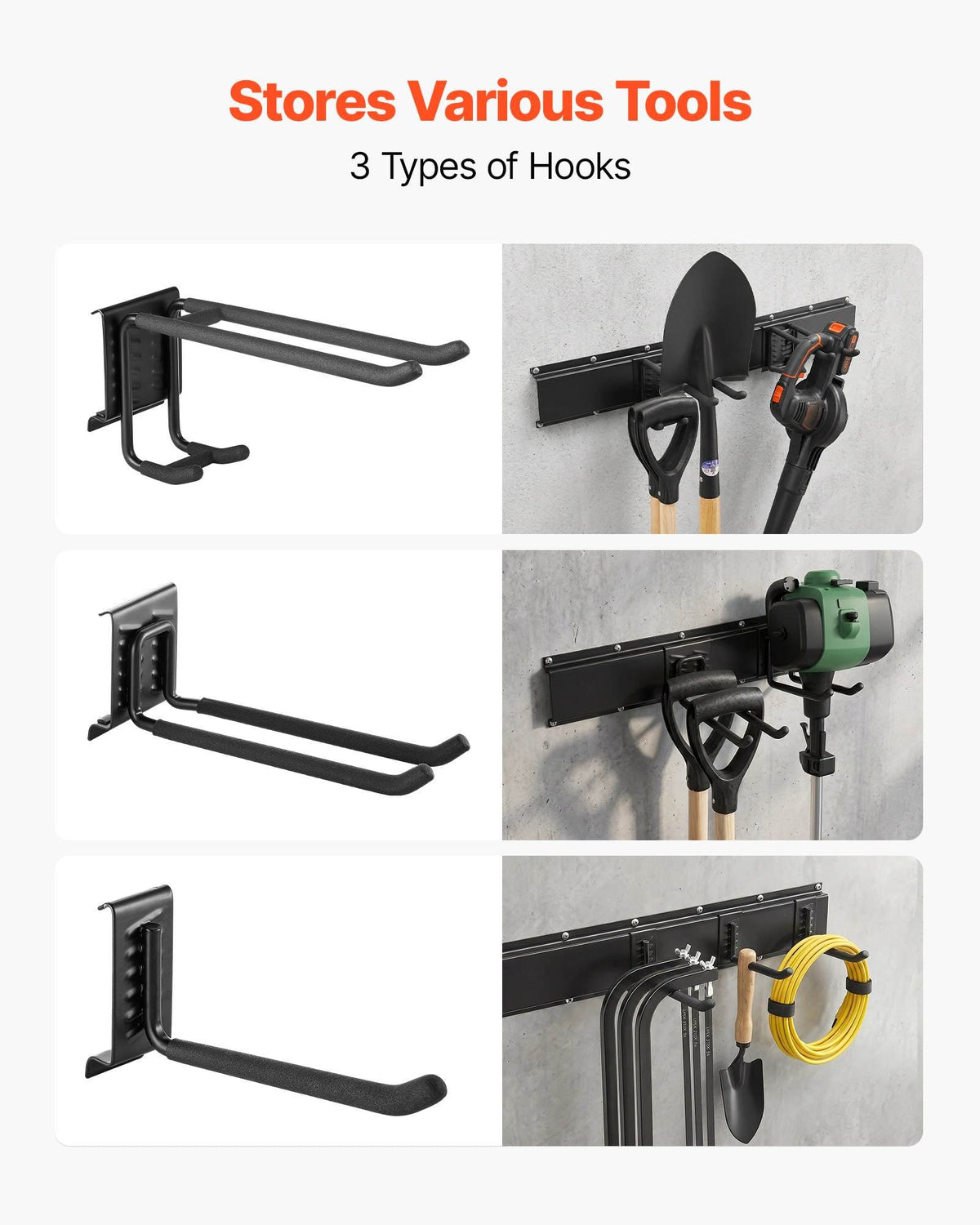Garage Tool Organizer 49.5 Inch 600 lbs Wall Mount Garden Tool Rack, Heavy Duty Garage Hanging Storage Rack Organization with 3 Rails and 9 Adjustable Hooks, for Yard Tools, Shovel, Rake, Shed
