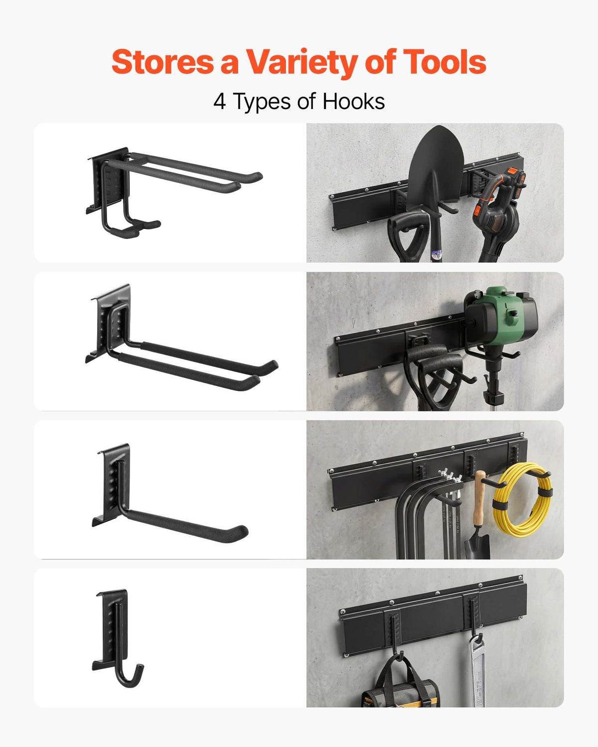 Garage Tool Organizer 99 Inch 1200 lbs Wall Mount Garden Tool Rack, Heavy Duty Garage Hanging Storage Rack Organization with 6 Rails and 16 Adjustable Hooks, for Yard Tools, Shovel, Rake, Shed
