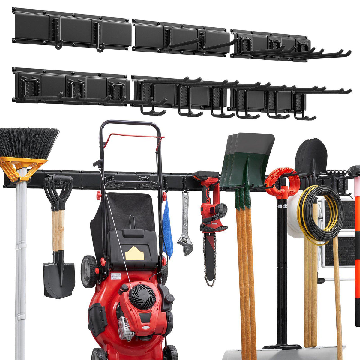 Garage Tool Organizer 99 Inch 1200 lbs Wall Mount Garden Tool Rack, Heavy Duty Garage Hanging Storage Rack Organization with 6 Rails and 16 Adjustable Hooks, for Yard Tools, Shovel, Rake, Shed