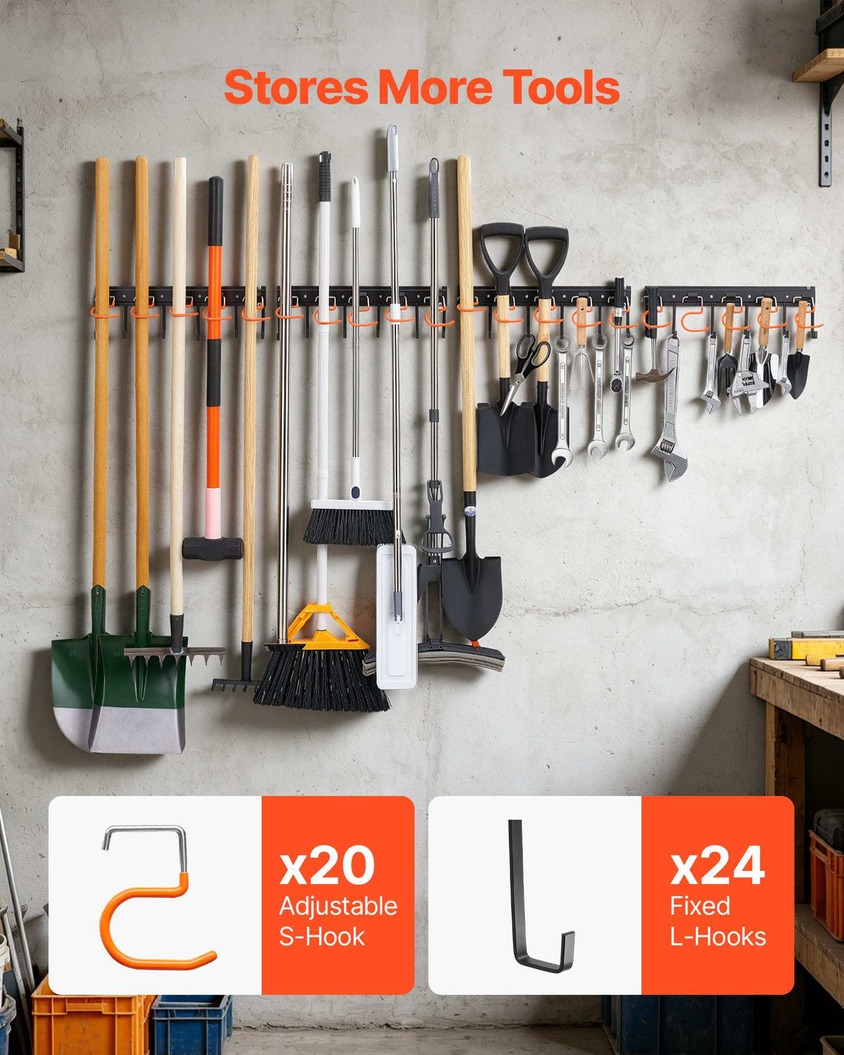 Garage Tool Organizer 68 Inch 450 lbs Wall Mount Garden Tool Rack, Heavy Duty Hanging Storage Organization, 4 Rails with 24 Fixed L-Hooks, 20 Adjustable S-Hooks, for Yard Tools, Shovel, Shed