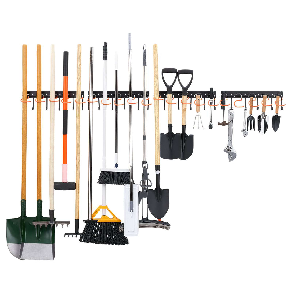 Garage Tool Organizer 68 Inch 450 lbs Wall Mount Garden Tool Rack, Heavy Duty Hanging Storage Organization, 4 Rails with 24 Fixed L-Hooks, 20 Adjustable S-Hooks, for Yard Tools, Shovel, Shed