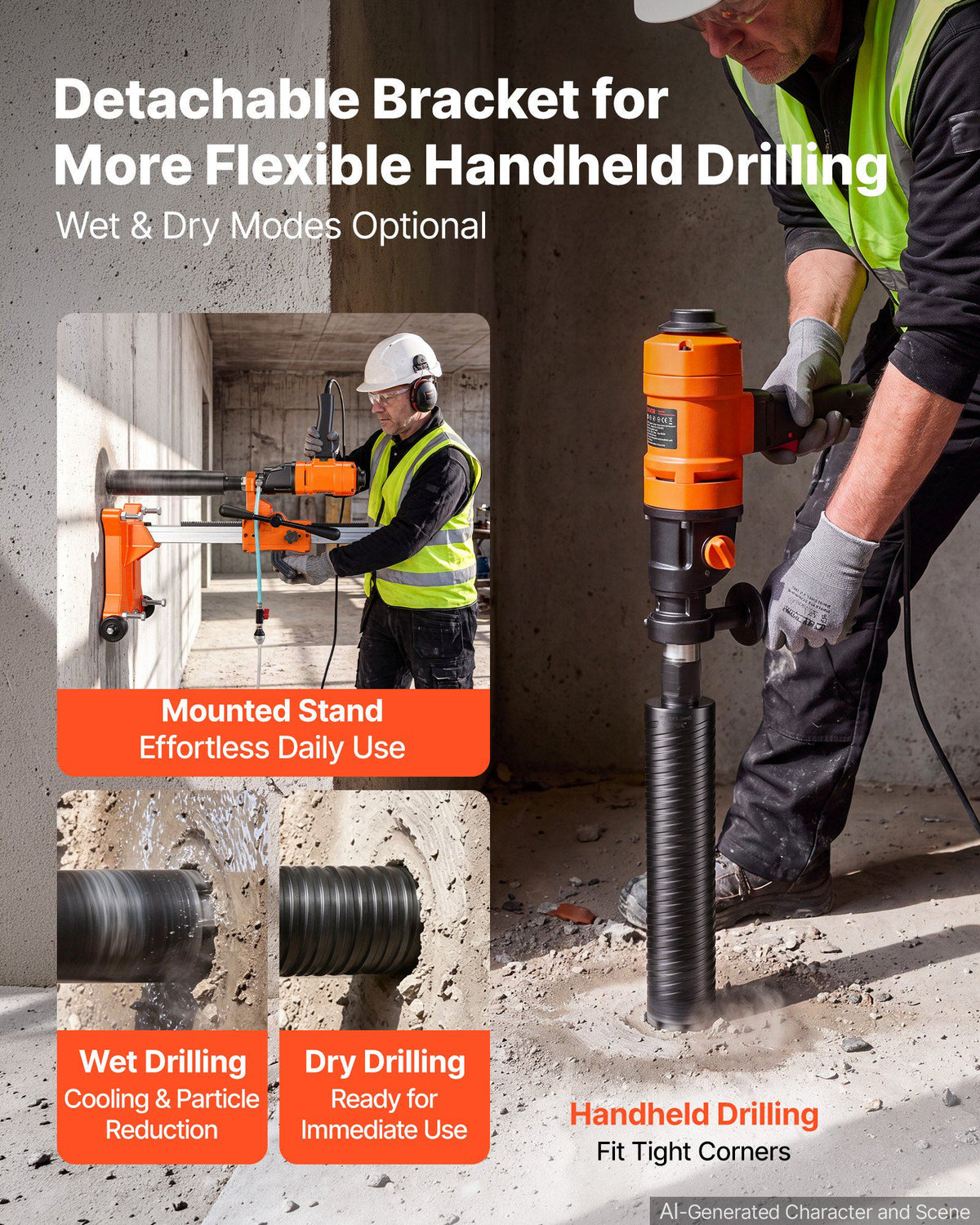 Diamond Core Drilling Machine, Max 8" Drilling Capacity, 2-in-1 Handheld/Stand-Mount Dry and Wet Concrete Core Drill Rig with 4 Drill Bits, Rolling Wheeled Base, 1500W 2-Speed 950RPM/2200RPM