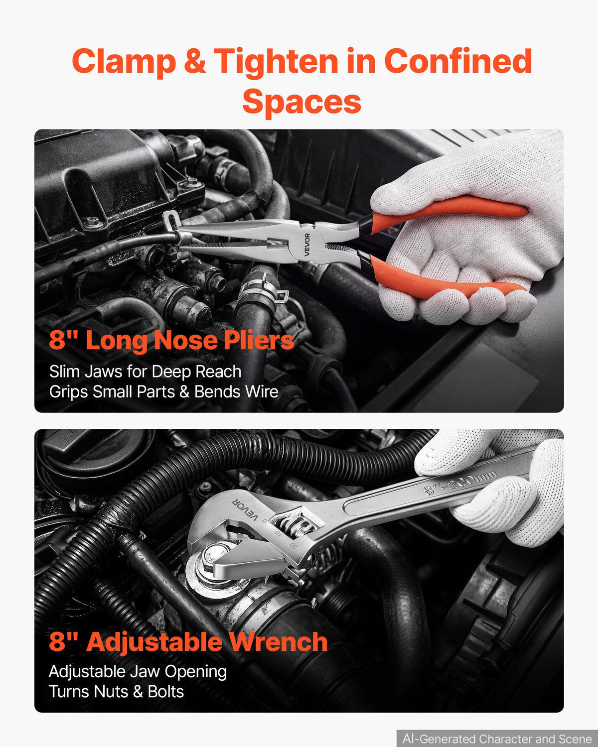 Pliers and Wrench Set 6-Piece Utility Set Polished Carbon Steel Jaw, Hand Tools for DIY & Home Use, 10" Groove Joint, 10" Slip Joint, 8" Long Nose, 8" Combination, 6" Diagonal Pliers, 8" Wrench