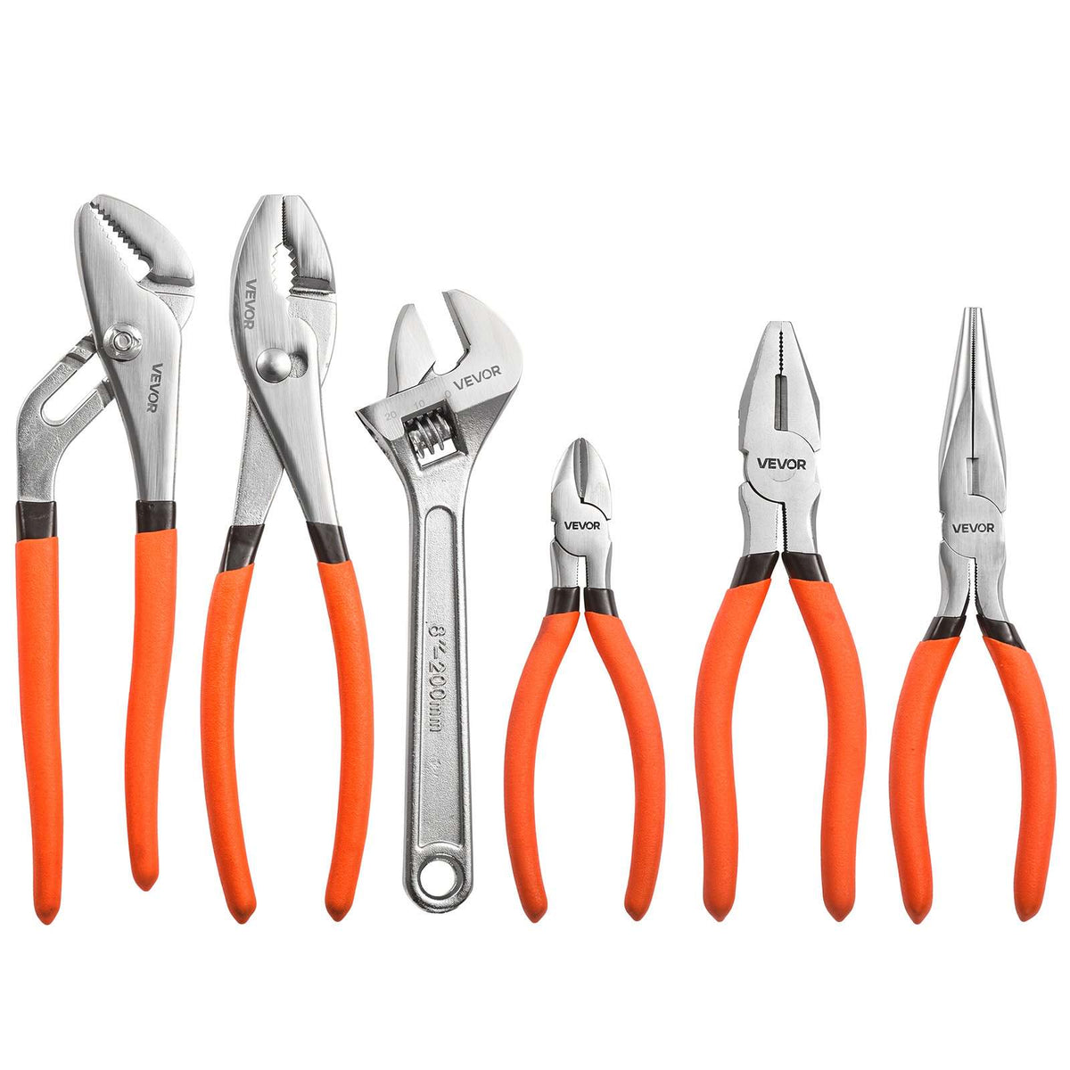 Pliers and Wrench Set 6-Piece Utility Set Polished Carbon Steel Jaw, Hand Tools for DIY & Home Use, 10" Groove Joint, 10" Slip Joint, 8" Long Nose, 8" Combination, 6" Diagonal Pliers, 8" Wrench