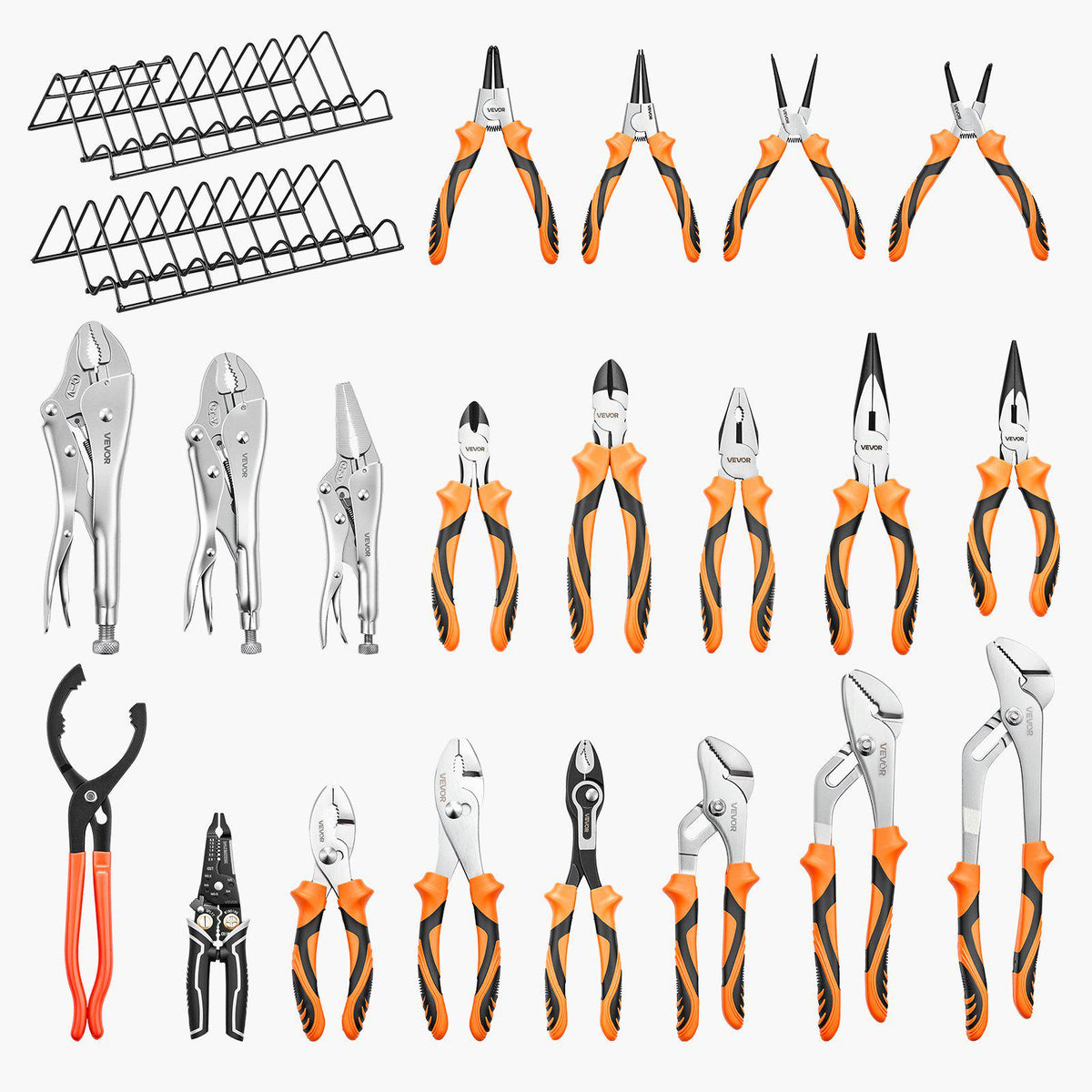 Pliers Set 20-Piece Utility Set Polished Carbon Steel Jaw Hand Tools, For DIY & Home Use, Long Nose, Locking, Diagonal, Groove Joint, Snap Ring, Slip Joint Pliers, with 2-Pack Organizer Rack