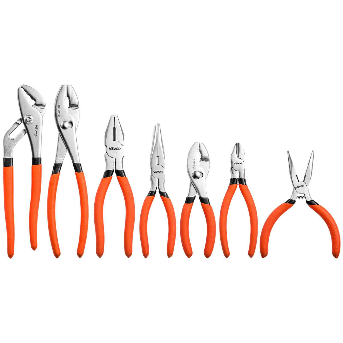 Pliers Set 7-Piece Utility Set Polished Carbon Steel Jaw Hand Tools, For DIY & Home Use, 8" Groove Joint, 7" Combination, 6" Diagonal, 6"/8" Slip Joint, 4.5"/6" Long Nose Pliers, Non-Slip Grips