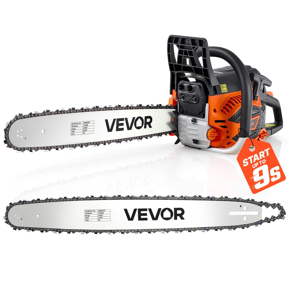 Gas Powered Chainsaw 20 & 22 Inch 62CC 3.8HP 2 Stroke Engine Saw, for Wood Cutting, Tree Trimming & Land Clearing, Throttle-Synced Choke, Power Chain Saw with Non-Slip Handle & Dual Tanks