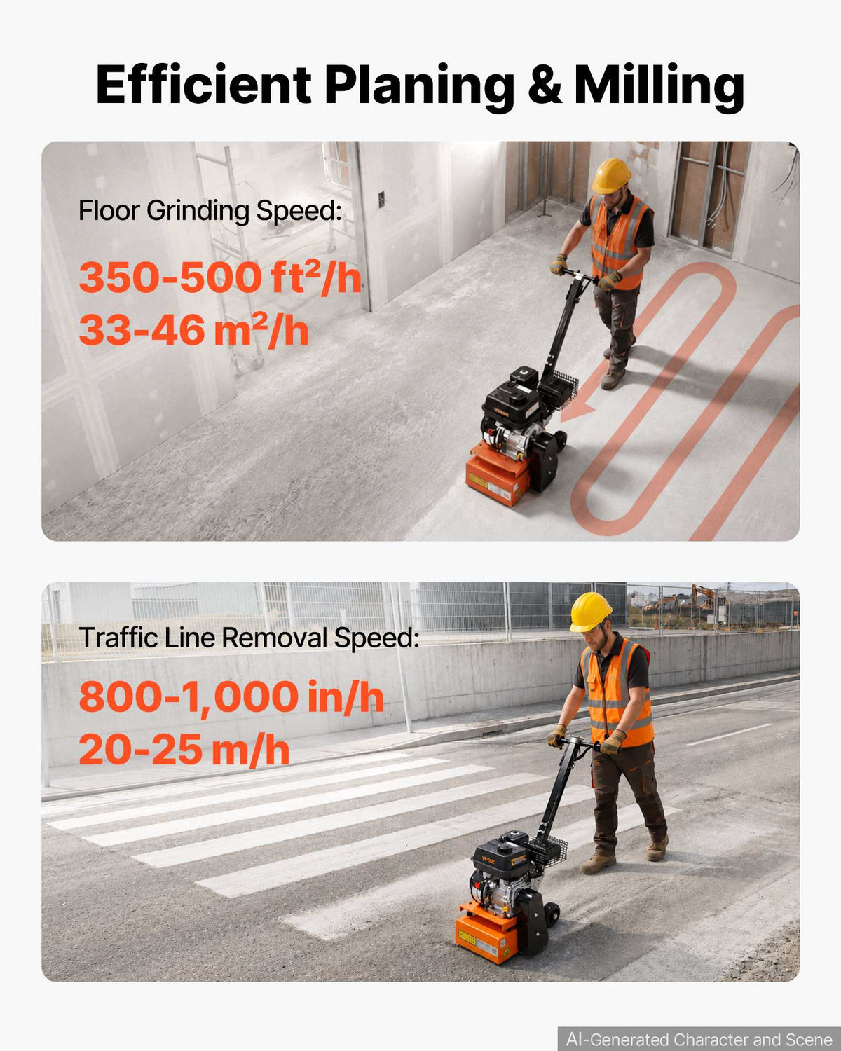 Concrete Scarifier, 3700W 2500 RPM Walk-Behind Floor Planer Grinder, Carbide Cutters, 1/8 in Adjustable Depth, Vacuum Port for Surface Preparation, Traffic Line Removal, Pavement, Floor Repair