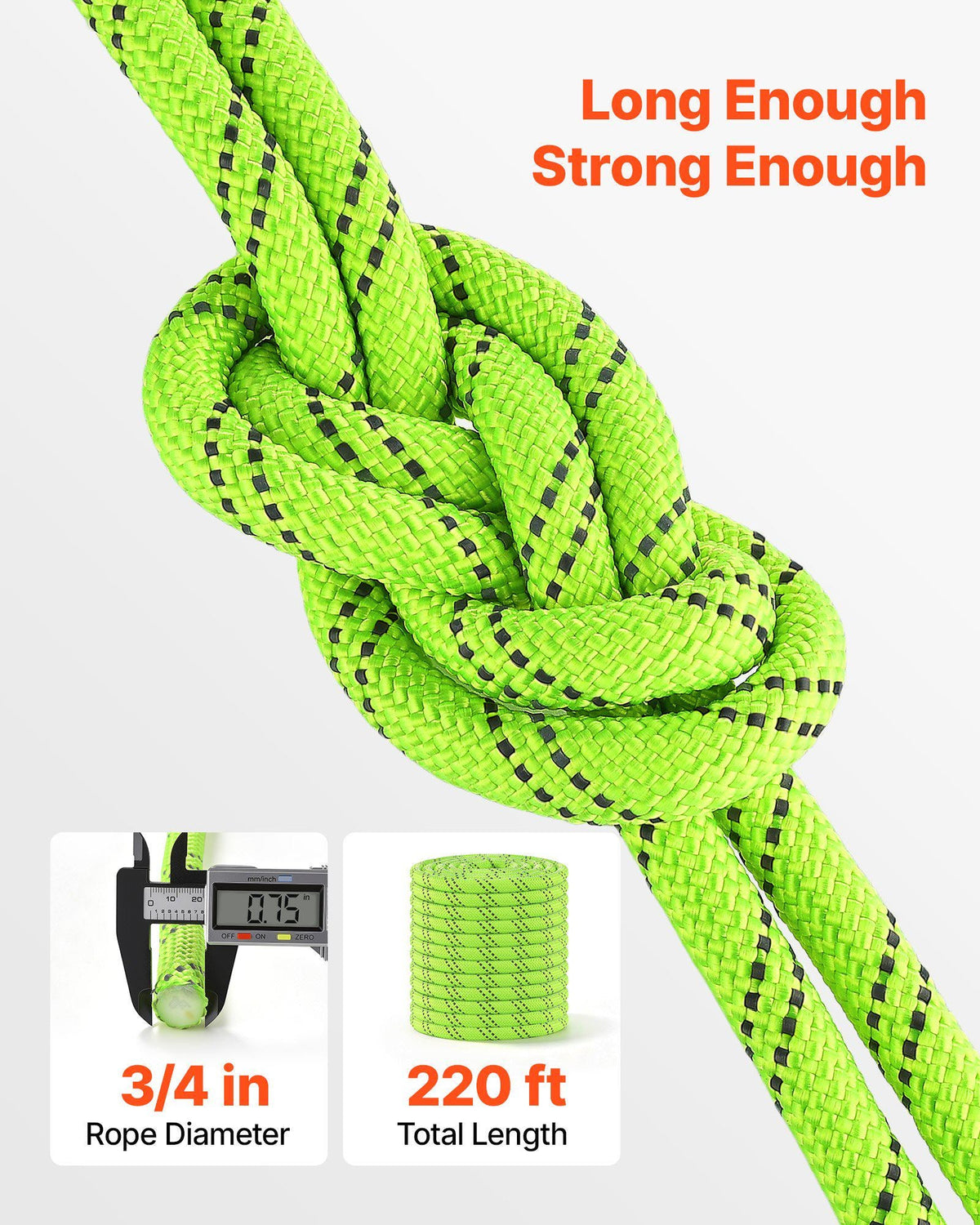 Double Braided Polyester Rope 3/4 in x 220 ft Arborist Rigging Rope, for Tree Work, Heavy Duty 26 Strands, 19400 lbs High Breaking Strength, Outdoor Climbing Towing Swing Pulling Cord, Green