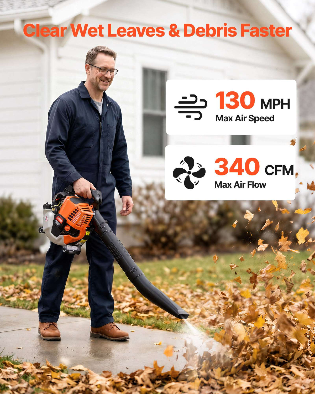 Gas Leaf Blower, 25.4CC 4-Stroke Gas Powered Handheld Leaf Blower with 0.75L Fuel Tank, 340 CFM Air Volume, 130 MPH Air Speed, Ideal for Lawn Care, Leaves Cleaning, Yard Debris & Snow Removal