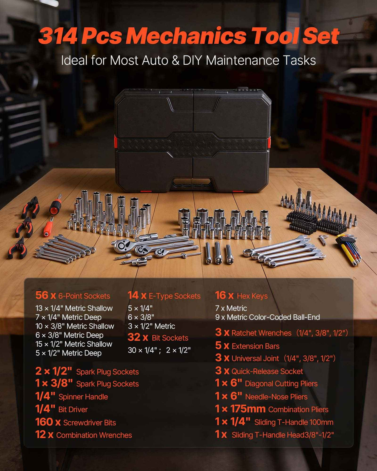 Mechanics Tool Set, 314-Piece Mechanic Tool Kit, 1/4 in, 3/8 in, and 1/2 in Drive, Metric Socket Set, Wrenches, Screwdriver Bits, Accessories, and Storage Case, for Automotive and Home Repair