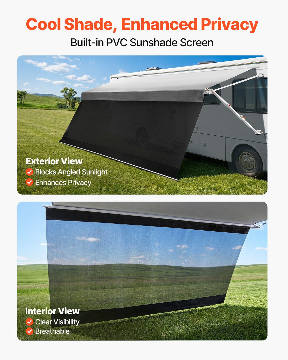 Manual RV Awning Complete Kit & Sunshade Screen, 18.12FT Retractable RV Awning with Aluminum Alloy Frame & Waterproof Fabric, Outdoor Camping Trailer Awnings Fit Most RVs (18FT Type)
