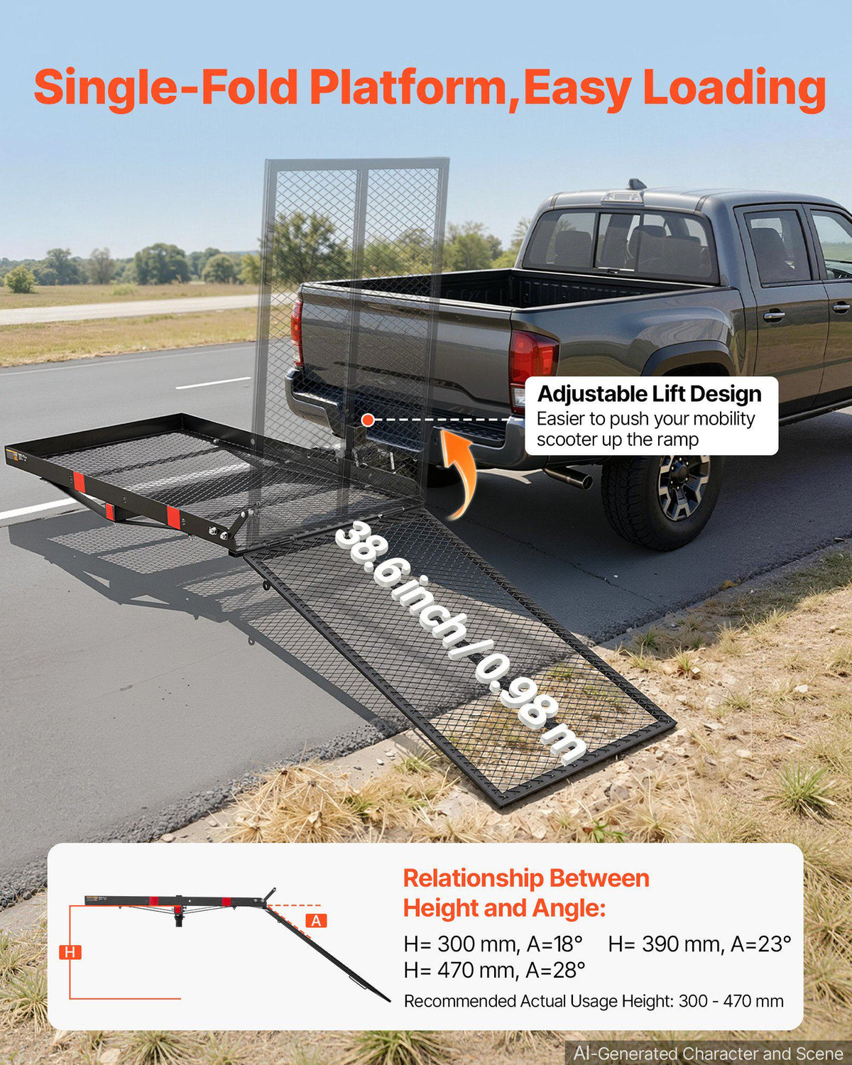 Hitch Mount Mobility Chair Carrier Height Adjustable, 500LBS Steel Mobility Scooter Carrier Cargo Basket with Folding Ramp & Stabilizer Kit, Fits 2" Hitch Receiver for Truck SUV Car, 46.1" x 26.8"
