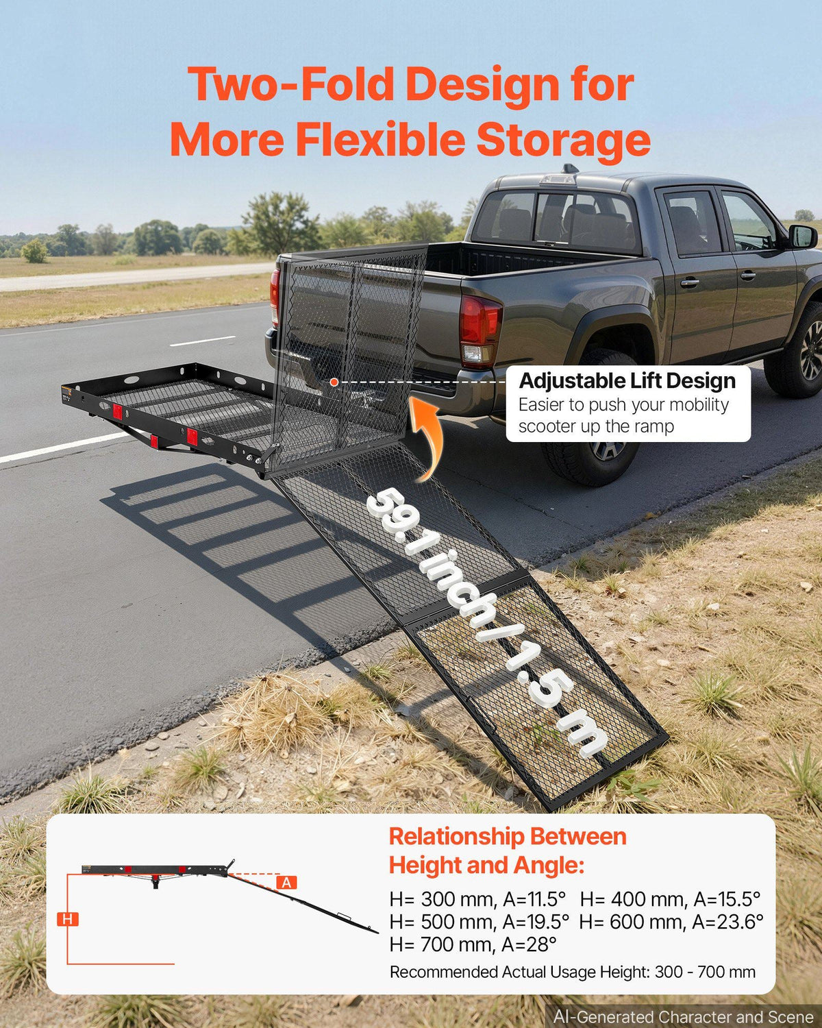 Hitch Mount Wheelchair Carrier Height Adjustable, 500LBS Steel Mobility Scooter Carrier Cargo Basket with Double-Folding Ramp & Stabilizer Kit, Fit 2" Hitch Receiver for Truck SUV Car, 50" x 28"