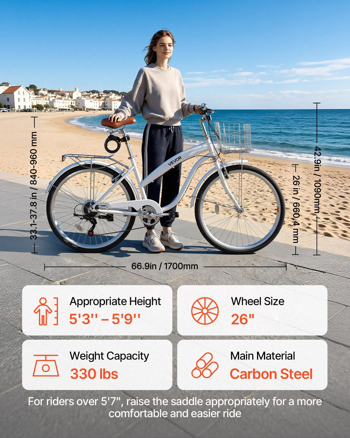 Women Bike, 26 in Beach Cruiser Bike, 7-Speed Adult City Bicycle with Carbon Steel Frame, 330 lbs Capacity, Basket, Rear Rack & Dual V-Brakes, White