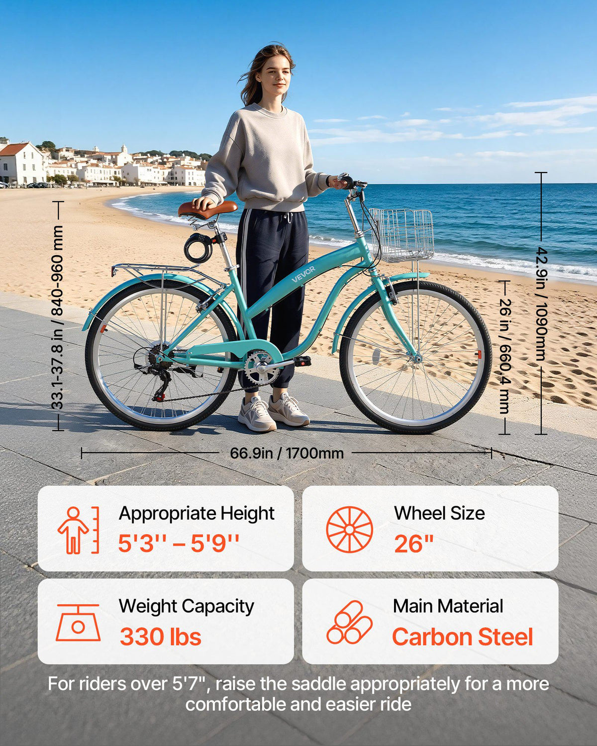 Women Bike, 26 in Beach Cruiser Bike, 7-Speed Adult City Bicycle with Carbon Steel Frame, 330 lbs Capacity, Basket, Rear Rack & Dual V-Brakes, Mint Green