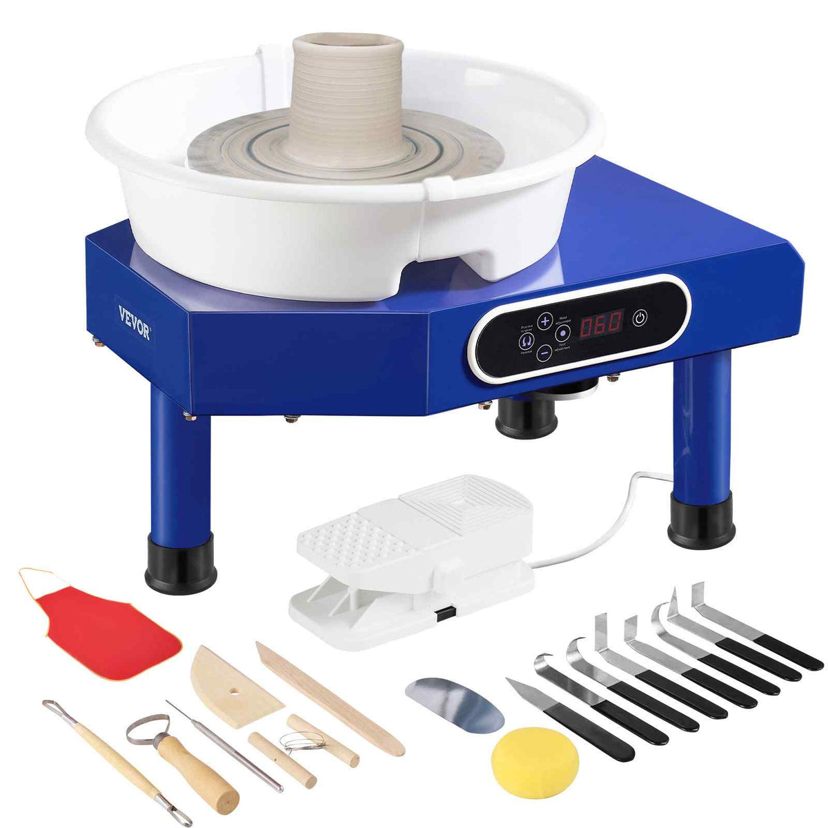 Pottery Wheel, 10 in Ceramic Wheel Forming Machine, 60-300 RPM Adjustable Speed with Foot Pedal, ABS Detachable Basin, Manual LCD Panel, Sculpting Tool and Apron, for Home Pottery Craft DIY