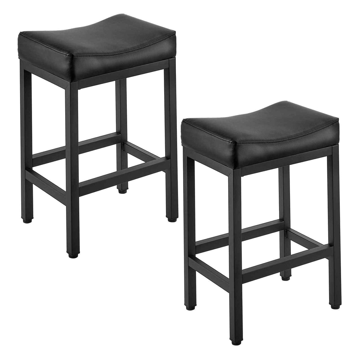 Bar Stool Set of 2, PU Leather Counter Height Stools, 25 inch Barstool with Saddle-Seat and Metal Legs, Easy Assembly Backless Bar Chair, Island Barstools for Kitchen, Dining Room, Cafe, Black
