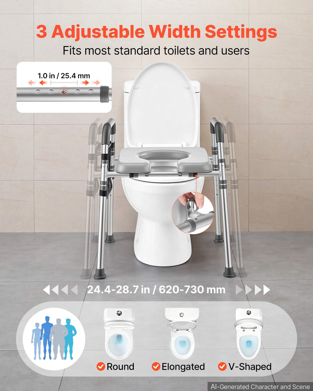 Raised Toilet Seat with Handles 350 lb Handicap Elevated Toilet Riser, for Seniors, Elderly & Disabled, Adjustable Height & Width, Soft Cushion Padded, Fits Round, Elongated & V-Shaped Commode