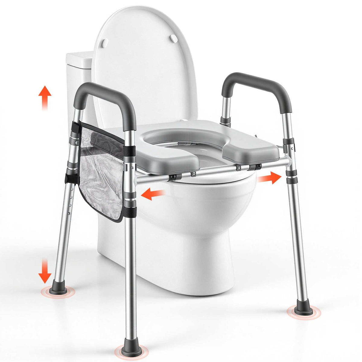 Raised Toilet Seat with Handles 350 lb Handicap Elevated Toilet Riser, for Seniors, Elderly & Disabled, Adjustable Height & Width, Soft Cushion Padded, Fits Round, Elongated & V-Shaped Commode