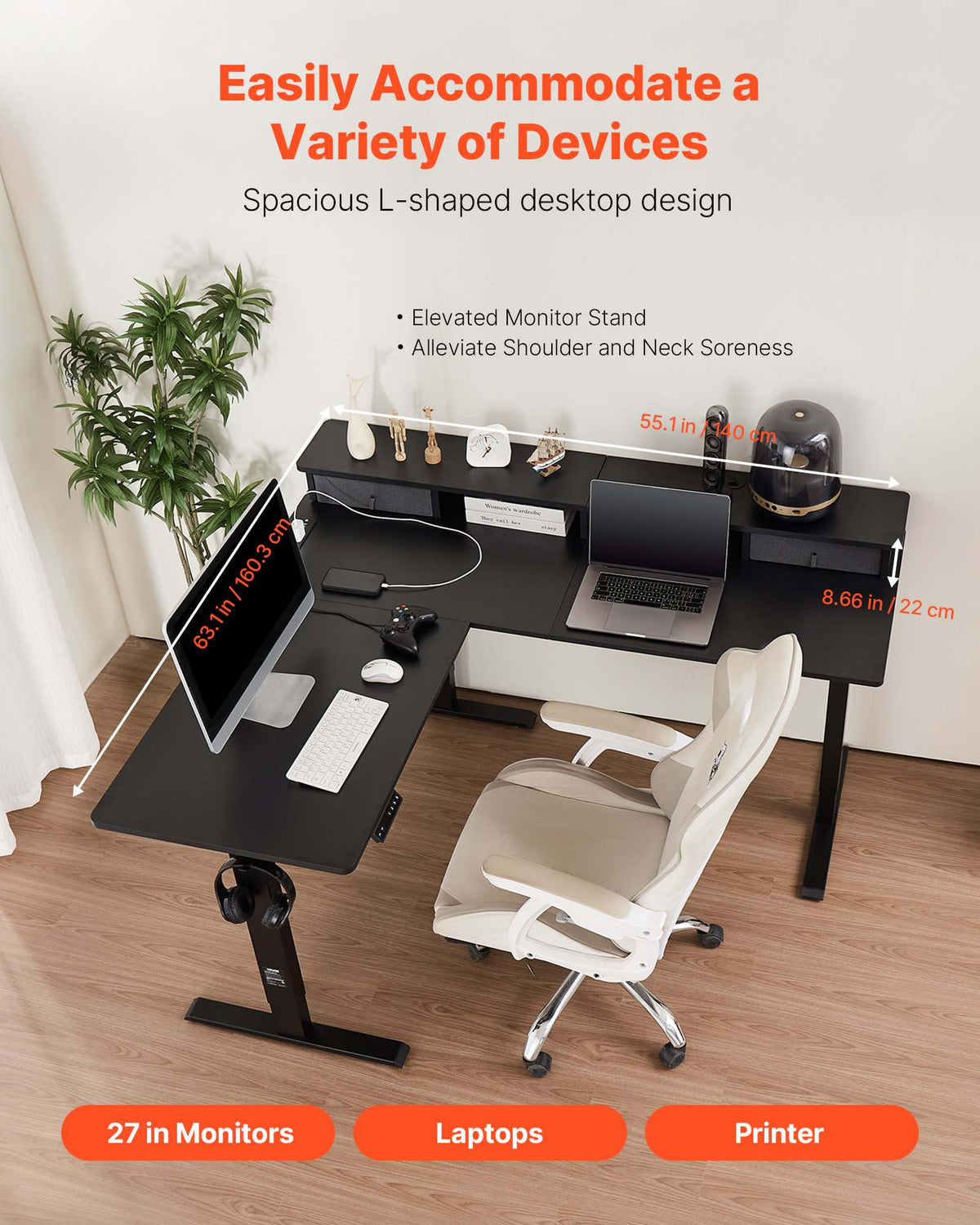 L Shaped Desk, Electric Adjustable Height Corner Gaming Desk with CPU Stand, Dual Hooks and Fabric Drawers, L-Shaped Computer Table with Light Strip for Home Office, Easy to Assemble, Black