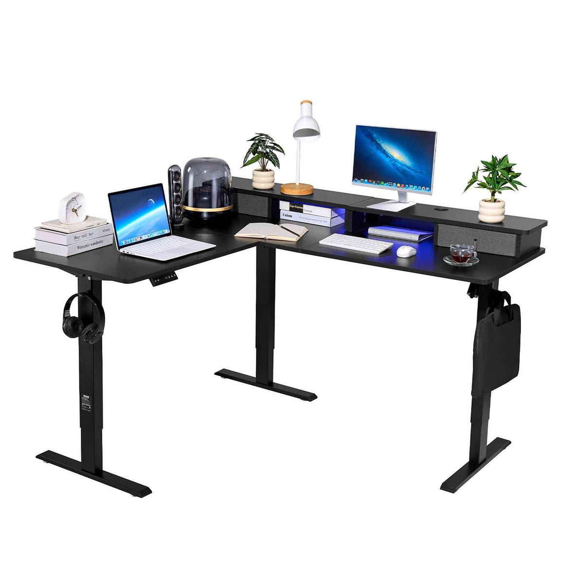 L Shaped Desk, Electric Adjustable Height Corner Gaming Desk with CPU Stand, Dual Hooks and Fabric Drawers, L-Shaped Computer Table with Light Strip for Home Office, Easy to Assemble, Black