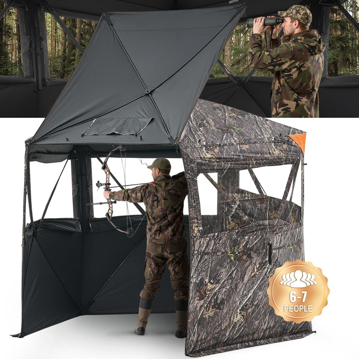 Hunting Blind, 6-7 Person Ground Blinds with Carrying Bag, Portable Camouflage Tent, Reinforced Durable Concealed Shelter with Silent Zipper Door and Window, for Turkey and Deer
