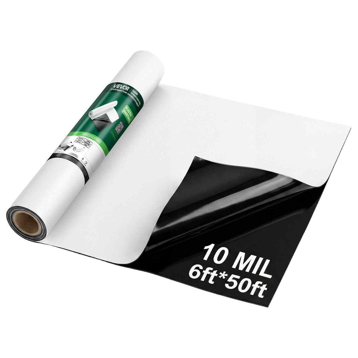 10 Mil Plastic Sheeting 6' x 50' Heavy Duty Thick Polyethylene Roll, Plastic Drop Cloth Painters Tarp, Polyethylene Covering for Crawl Space Vapor Barrier, Weed Control, Garden, Black & White