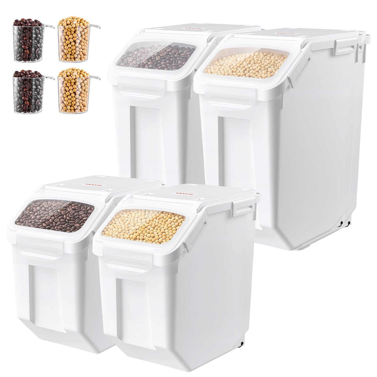 Rice Storage Container 4 Pack 24lbs/3.96Gal x 2 + 32lbs/5.28Gal x 2, for Kitchen Pantry, 15Lx2 + 20Lx2 Dog Food Dispenser, Grain Cereal Flour Ingredient Storage Bin, Measuring Cup, Airtight Lid