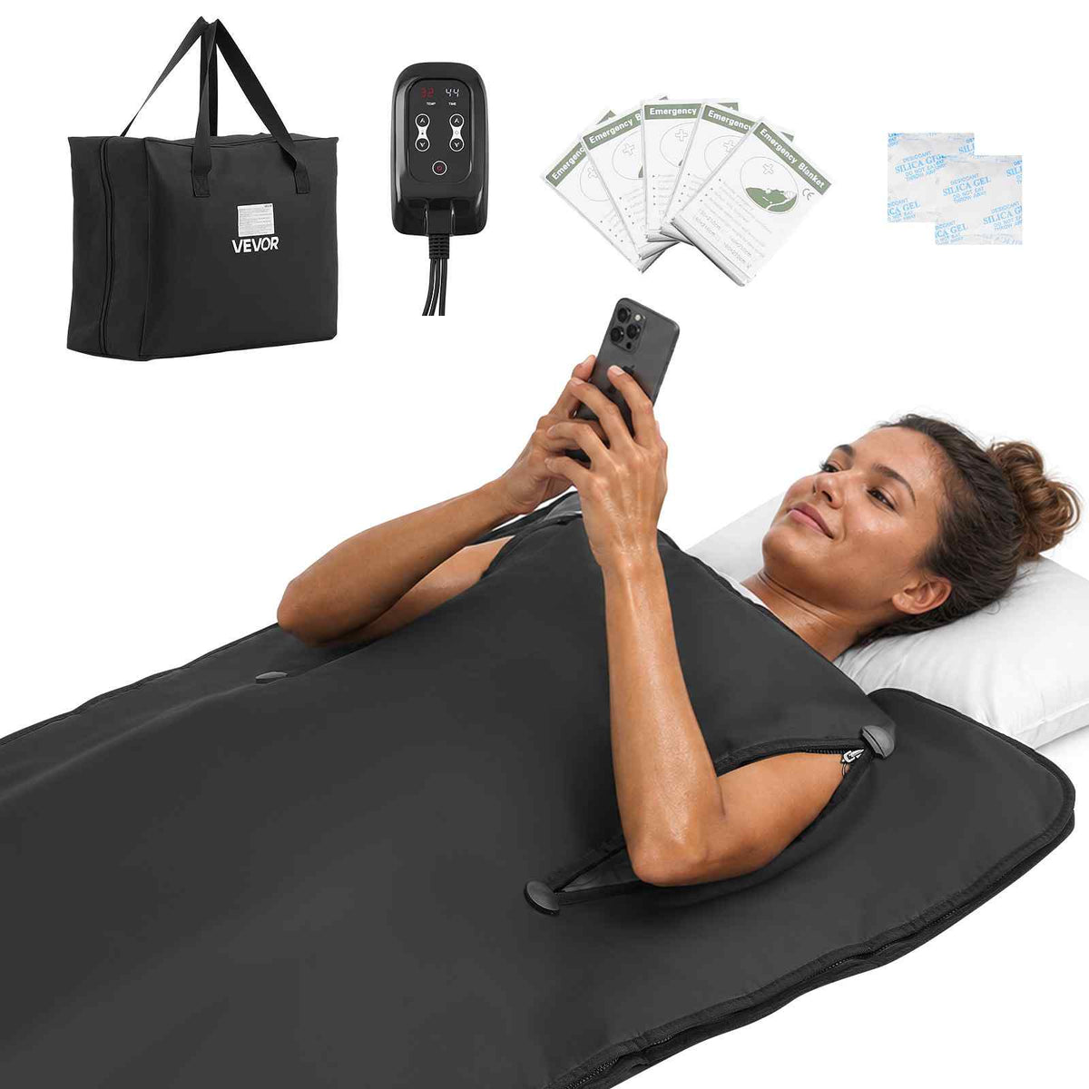 Infrared Sauna Blanket with Armholes, 71 x 32 in Portable Sauna Bag, Even Heating for Home Detox & Relaxation, Temp Control & Timer, Lightweight Oxford Fabric Heating Wrap with Carry Bag, Black