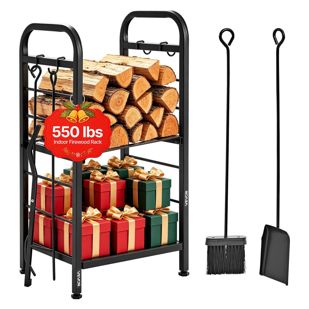 Firewood Rack 15.75 Inch Heavy Duty Indoor Fire Wood Storage Holder, for Fireplace Patio Deck, 550 lbs Load Capacity, 2-Tier Storage Space, Log Stacker Stand Metal Wood Pile Organizer, Black