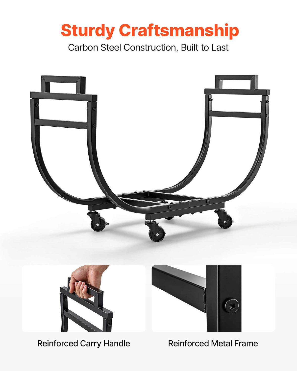Firewood Rack 31.69 Inch Heavy Duty Indoor Fire Wood Storage Holder, for Fireplace Patio Deck, 180 lbs Load Capacity, 4 Locking Swivel Casters, Log Stacker Stand Metal Wood Pile Organizer, Black