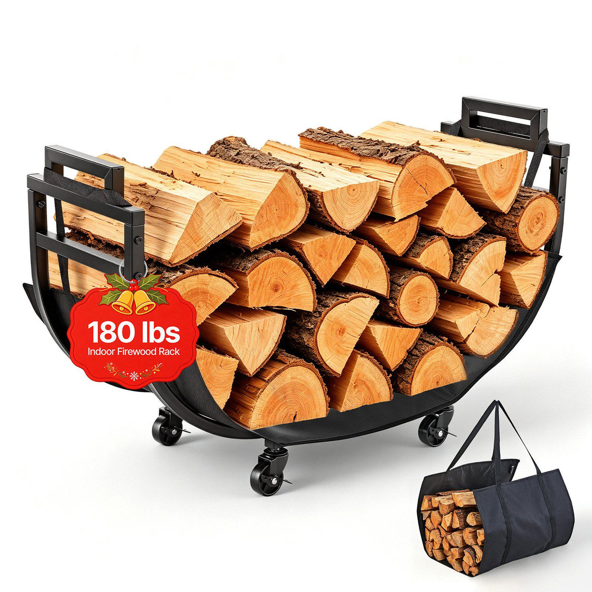 Firewood Rack 31.69 Inch Heavy Duty Indoor Fire Wood Storage Holder, for Fireplace Patio Deck, 180 lbs Load Capacity, 4 Locking Swivel Casters, Log Stacker Stand Metal Wood Pile Organizer, Black