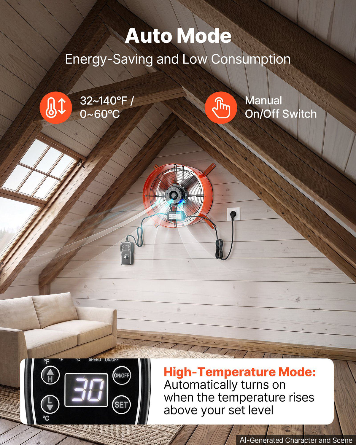 Gable Mount Fan, 16 in Attic Vent Exhaust Fan 1945 CFM Thermostat, Cooling and Ventilation for Home, Garage, Warehouse, Workshop, Carbon Steel Housing with Mounting Brackets & Hardware, Orange