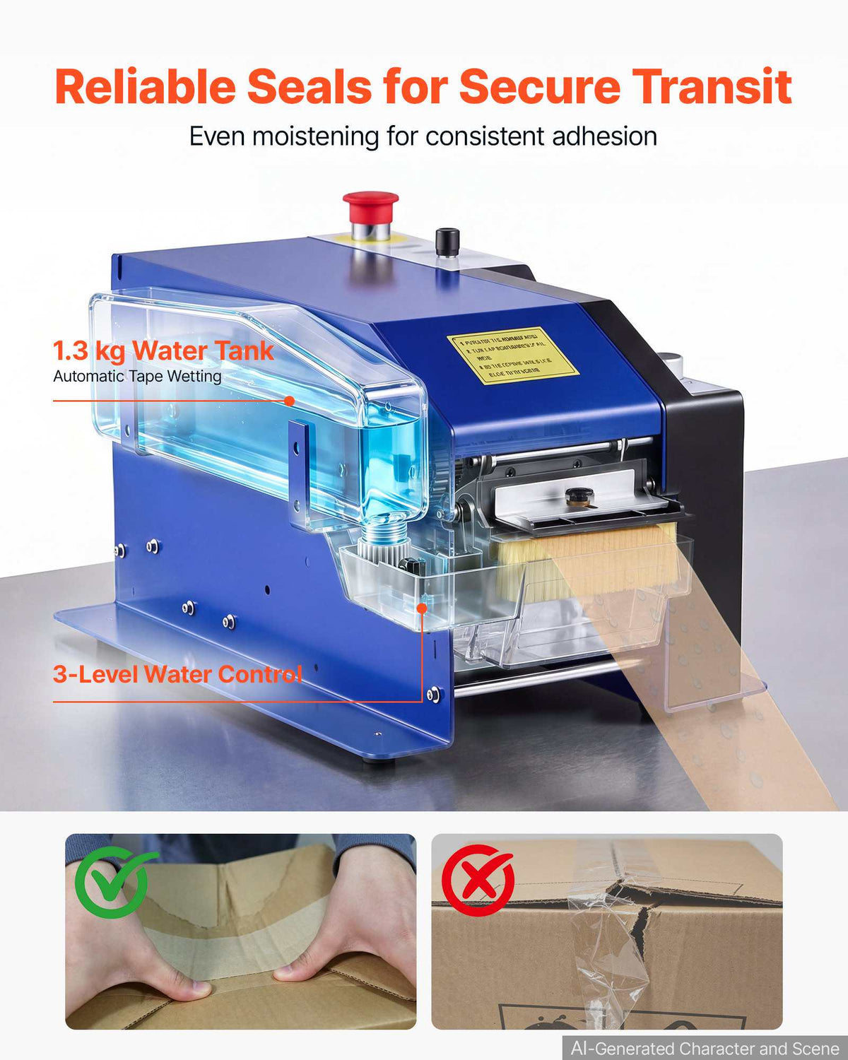 Water-Activated Tape Dispenser, Automatic Kraft Gummed Tape Dispenser, 100–995mm Adjustable Length, 40–100mm Tape Width, 110V Electric Water-Activated Tape Cutter for Carton Sealing, Box Packing