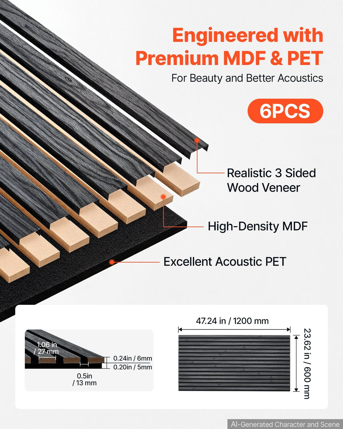 Wood Wall Panels, 47.2 x 23.6 in, Acoustic Slat Panels, Black Oak, Sound Absorbing for Living Rooms, Bedrooms, Offices, Studios, Interior Wall Decor, MDF & PET Construction, Screw Kit, 6-Pack