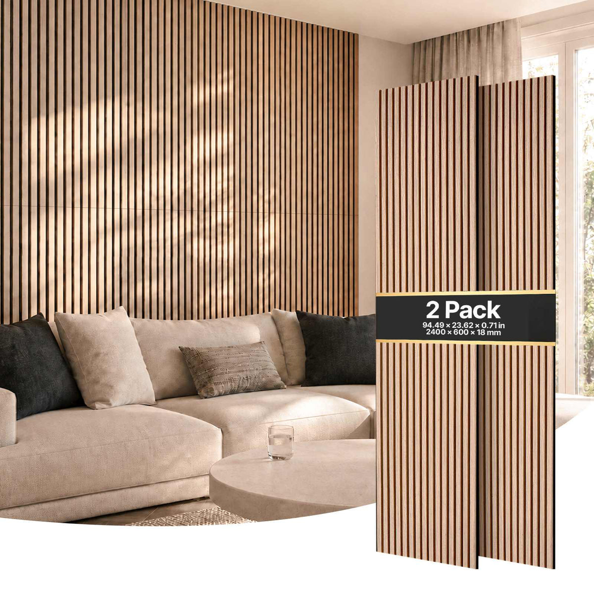 Wood Wall Panels, 94.5 x 23.6 inches, Acoustic Slat Panels, Walnut, Sound Absorbing for Living Rooms, Bedrooms, Offices, Studios, Interior Wall Decor, MDF & PET Construction, Screw Kit, 2-Pack
