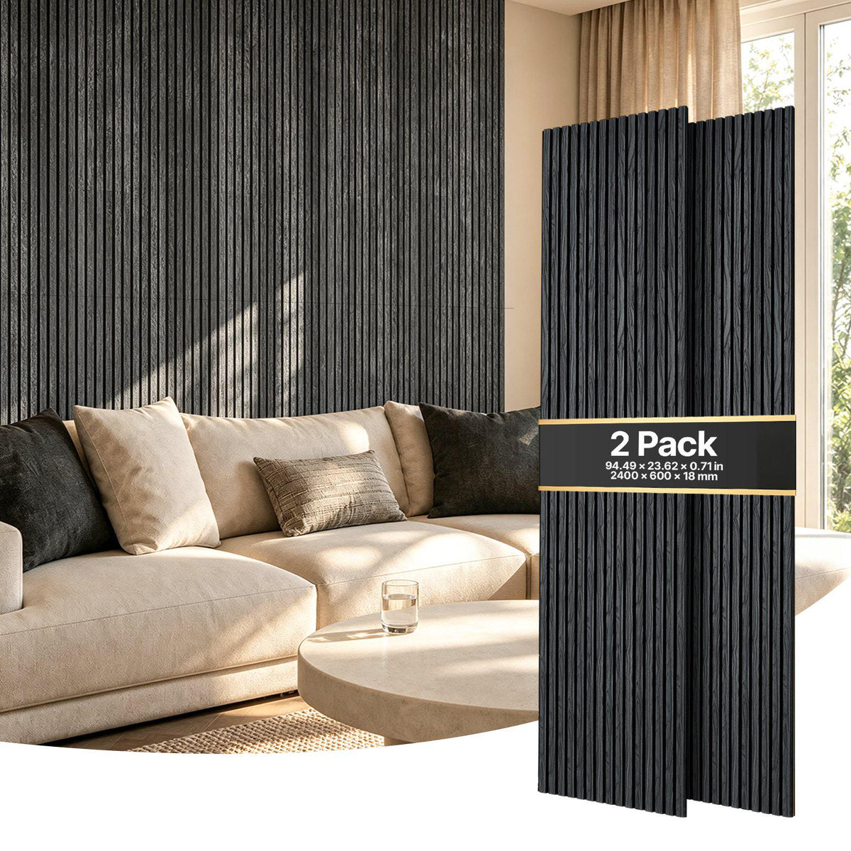 Wood Wall Panels, 94.5 x 23.6 inches, Acoustic Slat Panels, Black Oak, Sound Absorbing for Living Rooms, Bedrooms, Offices, Studios, Interior Wall Decor, MDF & PET Construction, Screw Kit, 2-Pack