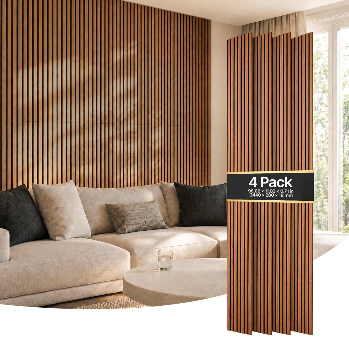 Wood Wall Panels, 96.1 x 11 inches, Acoustic Slat Panels, Dark Teak, Sound Absorbing for Living Rooms, Bedrooms, Offices, Studios, Interior Wall Decor, MDF & PET Construction, Screw Kit, 4-Pack