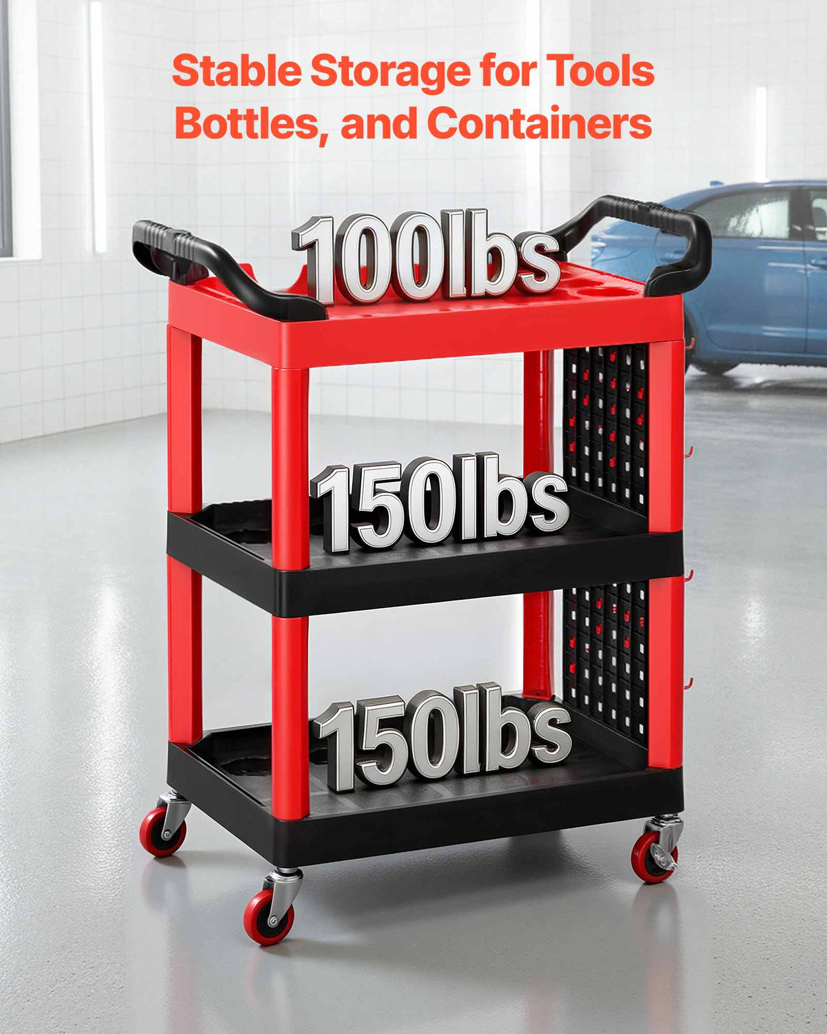 Utility Cart, 300 lbs Capacity, 3 Tier Service Cart with 360° Swivel Wheels (2 with Brakes), Heavy Duty Plastic Rolling with Trays and Pegboards, Tool Storage for Garage, Warehouse & Repair Shop