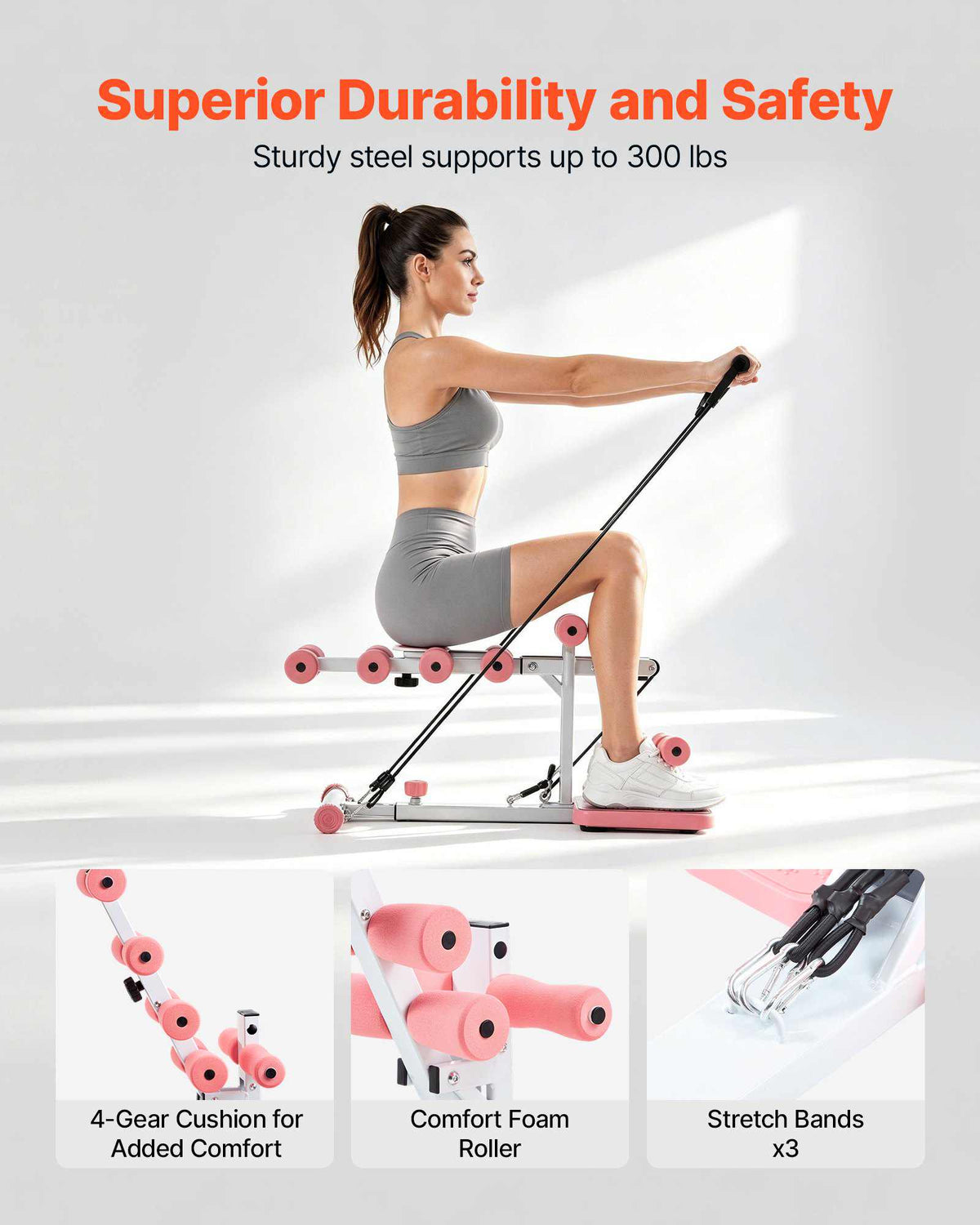 Deep Squat Machine, Adjustable Glutes Trainer Machine with 3 High-Strength Resistance Bands, Folding Core Leg and Glutes Exercise Trainer, Push Up Workout Equipment at Home Gym, Pink + White