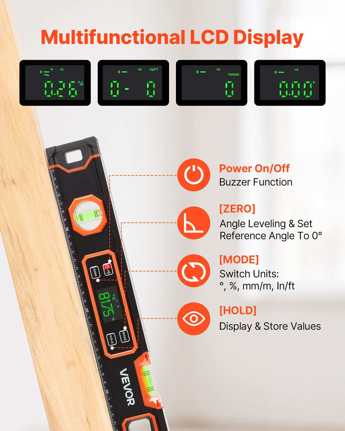 Digital Level, 24 in Length, Magnetic Electronic Level with LED Backlit Display, 360° Electronic Leveler Tool with 0°/45°/90° Bubble Vials, IP54 Rating for Construction Carpentry Home Renovation