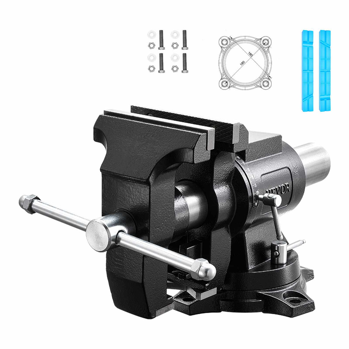 Heavy Duty Bench Vise, 5.5" Jaw Width, Double Swivel Rotating Multi-Purpose Bench Vise, with 360° Locking Swivel Base and Head, 2.76" Throat Depth, 5" Max Jaw Opening, for Drilling Pipe Cutting