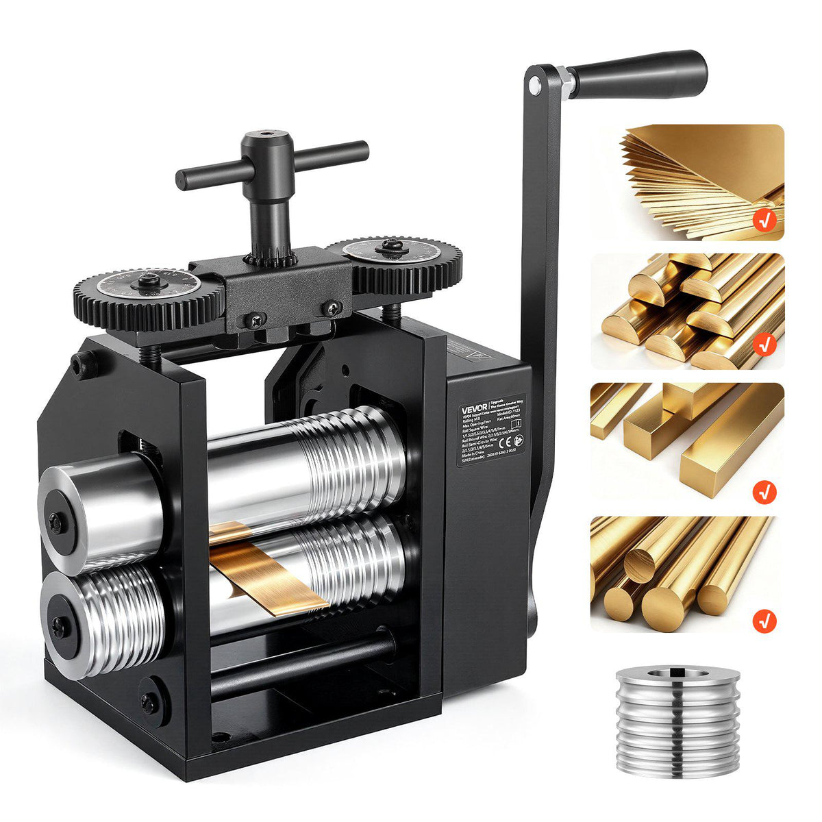 Rolling Mill 4-in-1 Round Flat Square Half-Round Pressing Roller Mill, Manual Jewelry DIY Tool, 0.03-7 mm Adjustable Thickness, Stable & Even Rolling, for Ductile Metals, Gold, Silver, Copper