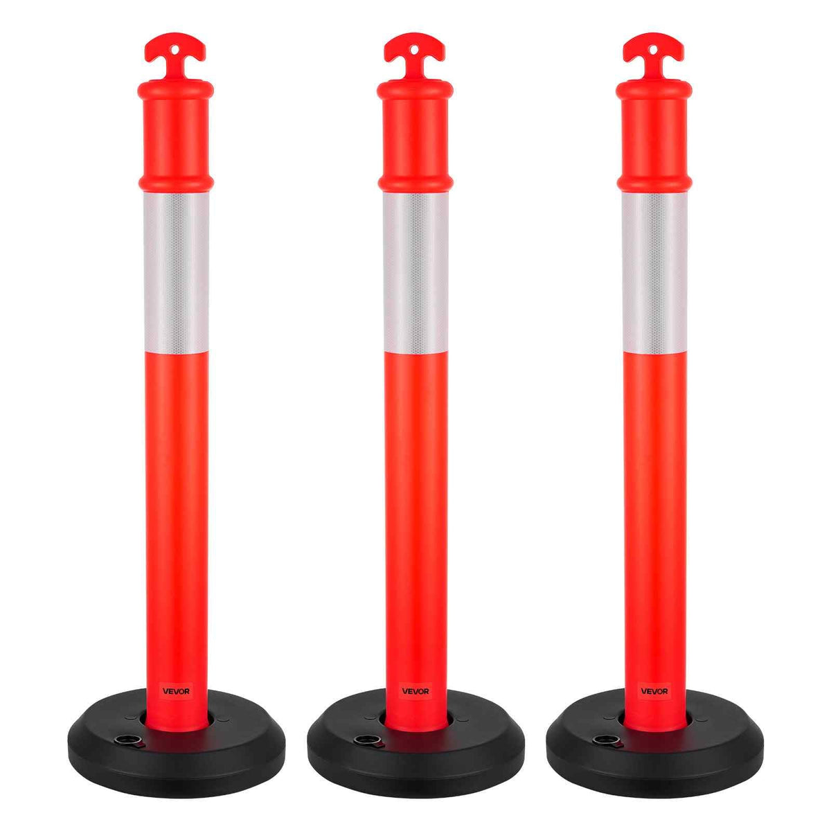 3 Pack Traffic Delineator Posts, 48 inches Traffic Safety Cones with Fillable Base and Reflective Strips, Heavy Duty Delineator Posts for Construction Site, Parking Lot, Crowd Control, Red